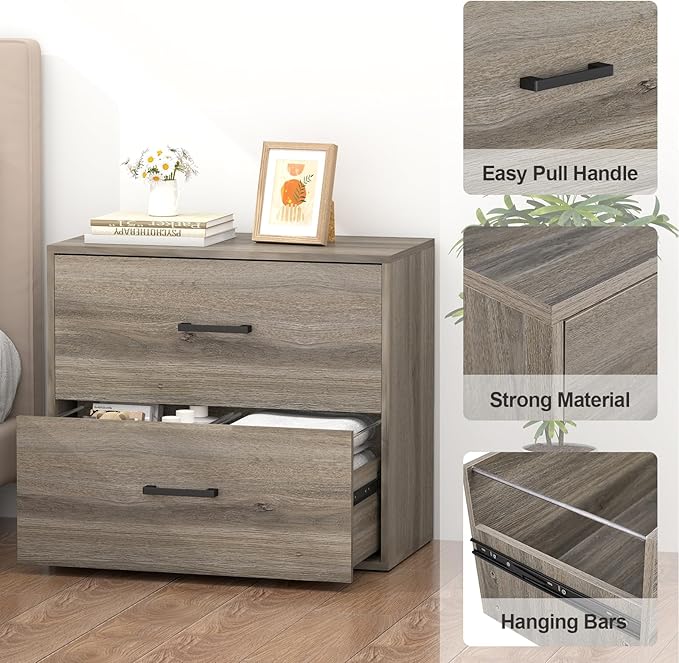 FATIGOS 2 Drawer File Cabinet, Wood Lateral File Cabinet, Wide Filing Cabinets for Home Office, Farmhouse File Cabinet Printer Stand for Hanging Files/Letters, Gray