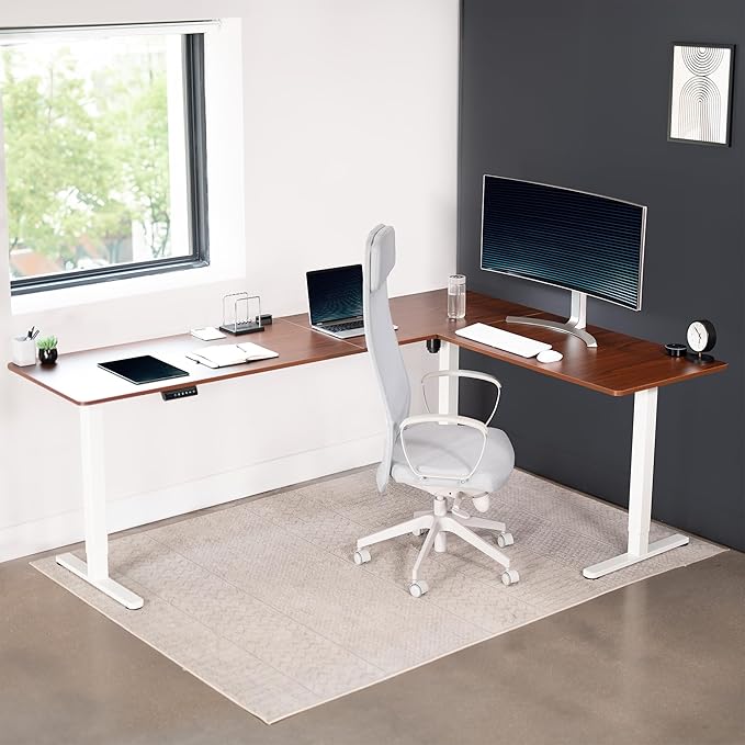 VIVO Electric Corner 84 x 63 inch L-Shaped Standing Desk, Memory Height Adjustment, Dark Walnut Top White Frame, DESK-E3CTWD-84