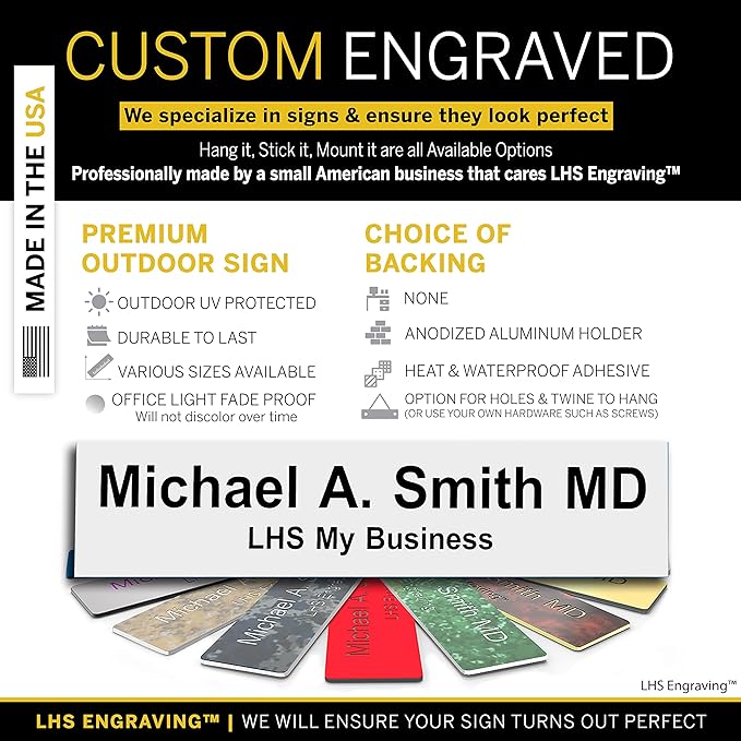 Custom Name Plate with Choice of Mounting for Walls, Doors, Desk Holders, Cubicles, Hanging and More - Personalized White Plastic Black Letters - USA Made 2x8 - B16
