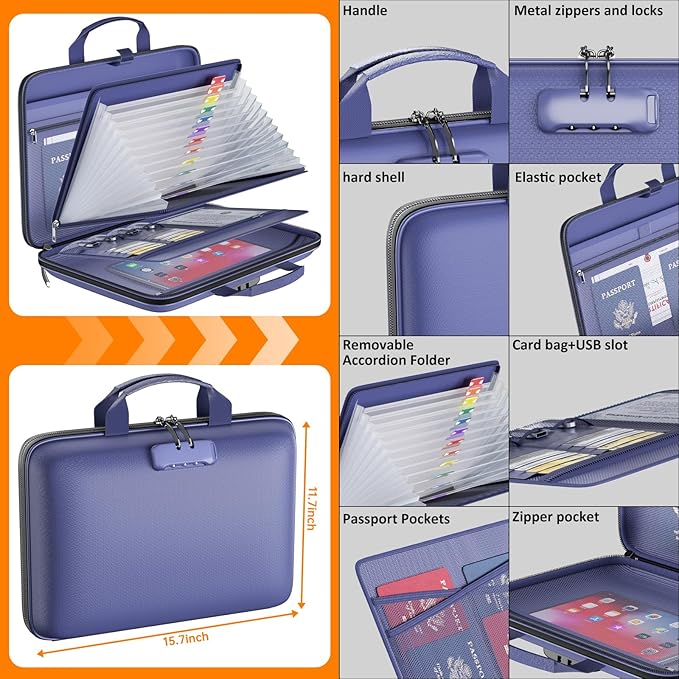 Fireproof File Organizer with Lock, Hard-Shell Case Fireproof Document Box with 13 Pockets Accordion File Folder, Important Document Organizer for Letter A4 Files Laptop Passports (Blue)