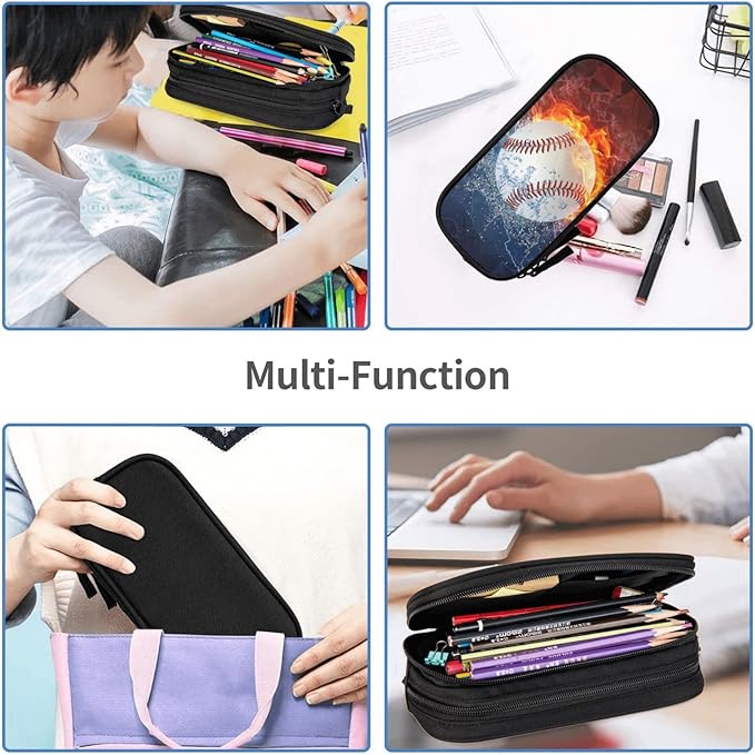 Baseball Pencil Box for Boys, Cool Sports Pencil Case with Water & Fire Background, Zipper Pouch Desk Organizer Travel Pen Box Stationery Organizer Bag Cosmetic Makeup Bag for Baseball Girls Lovers