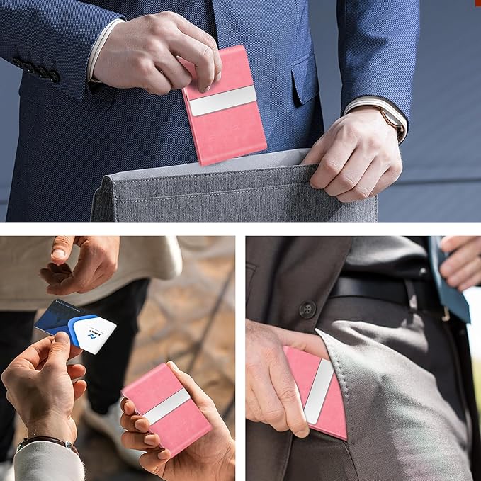 Business Card Holder for Women or Men, Business Card Case with PU Leather and Stainless Steel, Slim Metal Case with Magnetic Closure for Business Meeting Use