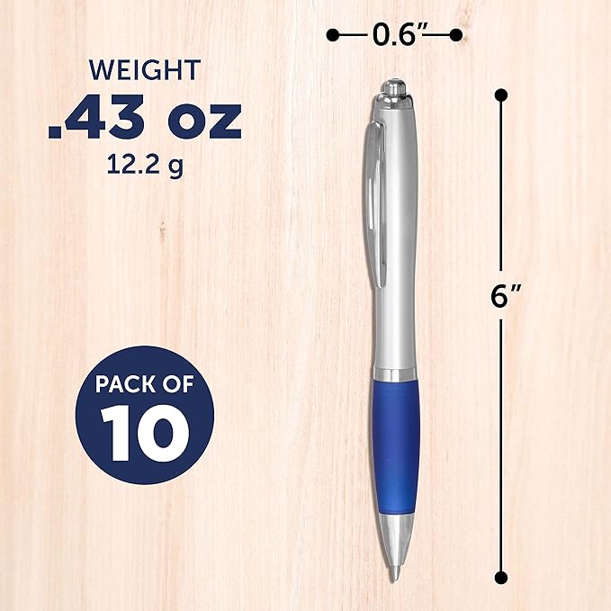 DISCOUNT PROMOS Ballpoint Pens With Rubber Grip, 10 pack, Black Ink Writing Pens in Bulk, Blue