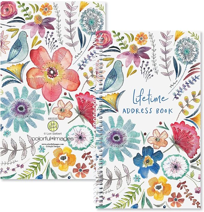 Current Embroidered Florals Address Book-94 Pages; Small 5" x 8-1/2" Size for Purse or Office,Spiral Bound Soft Cover Organizer for Contacts,Addresses,Email, & Phone Numbers + 50 Replacement Stickers