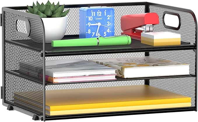 MINDEPOT 3 Tier Paper Organizer Tray with Handle, Mesh Letter Tray for Office, Home, School (1 Pack), Black
