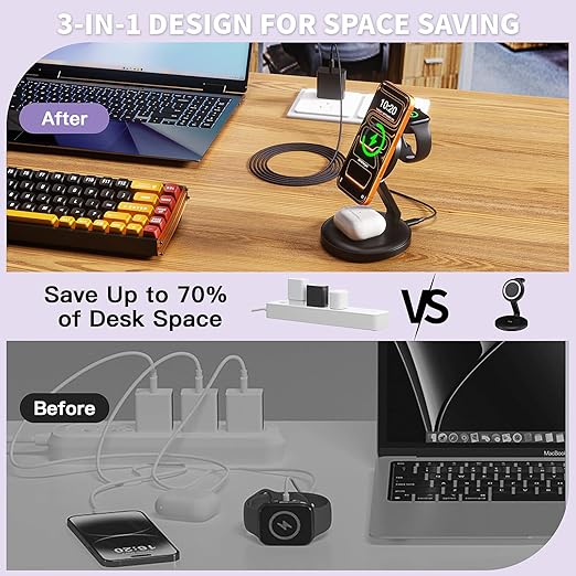 Charging Station for Apple Magsafe Wireless Charger iPhone Charging Station,15W 3 in 1 Foldable Apple Magnetic Wireless Charger for iPhone 17 Pro Max/16 Plus/16 ProMax/15/14/13,Apple Watch,AirPods Pro