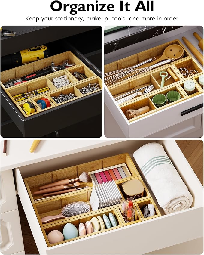 VA1KENE 6PCS Desk Drawer Organizer Tray with 12 Compartments – Bamboo Office Storage Boxes Set for Junk Drawer Supplies, Utensils, Cosmetics, Jewelry and More
