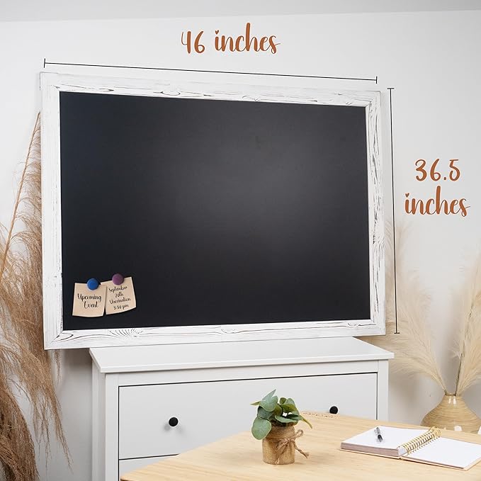 Loddie Doddie Magnetic Chalkboard - 46 x 34.5 in, White Rustic Frame, Wall Mount - Erasable Chalk Board Surface & Message Center - Chalkboard Signs & Magnet Board