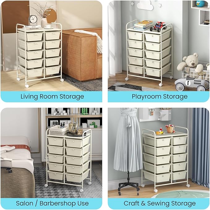 GLACER 10 Drawer Rolling Cart, Storage Cart with Lockable Whieels & Metal Frame, Trolley for Art Craft Oganizer, Mobile Utility Cart for Office, School, Classroom, Kitchen (Ivory Color)