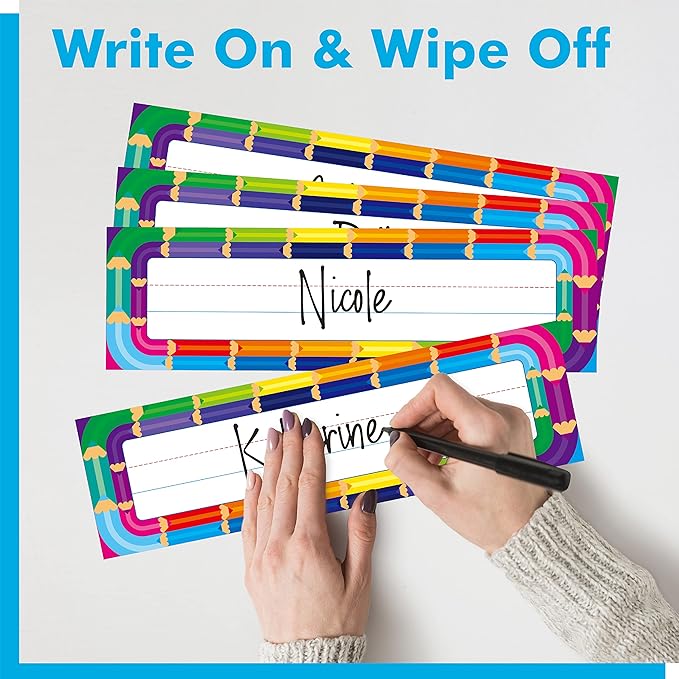 40PCS Desk Nameplates, Double Sided PET Film Desk Name Tags Erasable & Reusable Traditional Manuscript Name Plate Colorful Decoration for Student School Classroom Organization (10” x 2.8”)
