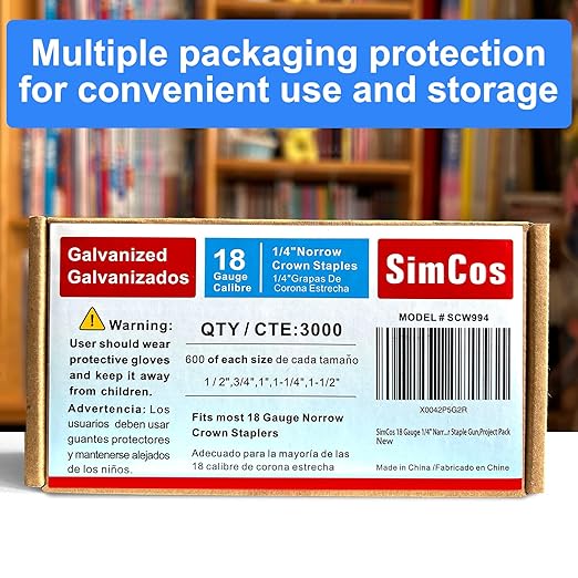 SimCos 18 Gauge 1/4" Narrow Crown Staples (1-1/2",1-1/4" 1", 3/4", 1/2"), Galvanized Assorted Sizes for 18 GA Pneumatic or Electric Stapler or Staple Gun,Project Pack (Assembly 3000)