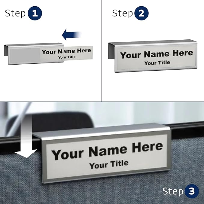 4-Pack 8.5" x 2.5" Cubicle Partition Name Tag - Silver Border 2" Hook - Holder for Custom Plate – Desk or Partition Use – Silver Frame – 2" x 8" Insert for Wall Display By Plastic Products Mfg