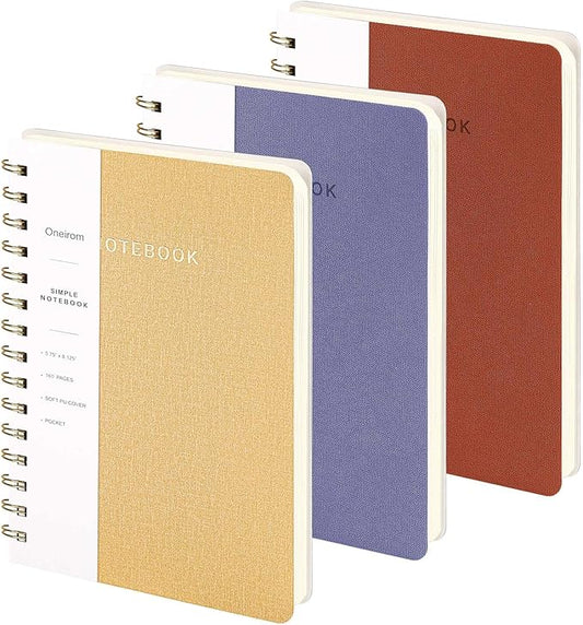 Spiral Notebook-5.75" x 8.125" College Ruled Journal with Inner Pockets and 160 Pages,PU Leather Cover Business Journal, Twin-Wire Binding Notebook Perfect for Office & Home School Supplies 3 pack Brown/Khaki/Violet