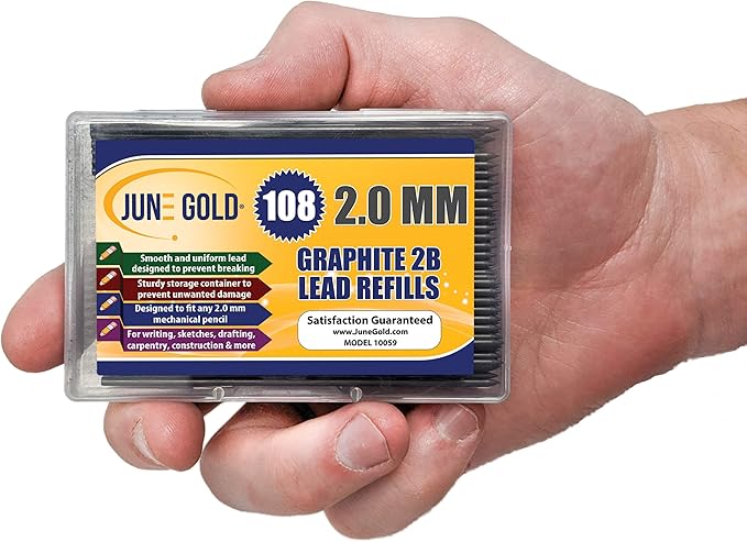 June Gold 108 Pieces, 2.0 mm 2B Lead Refills, 90 mm Length, Extra Bold Thickness, Break Resistant Lead/Graphite