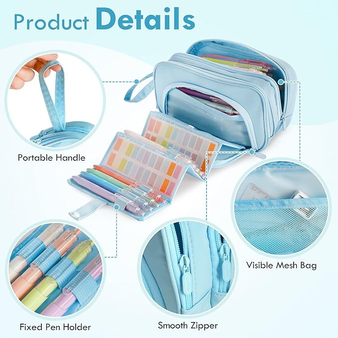 SANANT Large Capacity Pencil Case with Pull-out Structure - Multifunctional Extra Big Pencil Pouch Pen bag, Portable Stationery Organizer with Zipper, Office School Supplies for Teen Boys Girls, Blue