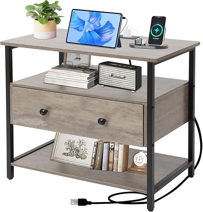 Edbuosy 27 Inch Wide Night Stand with Charging Station, Wood Nightstand with Open Shelf, Large Drawer Bedside Table for Living Room/Bedroom/Office (Rustic Gray)