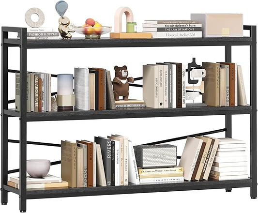 3 Tier Bookcase 47.24" Width, Long Industrial Book Shelf, Vintage Wooden Large Book Shelf for Home Living Room Bedroom Office Storage(Black)