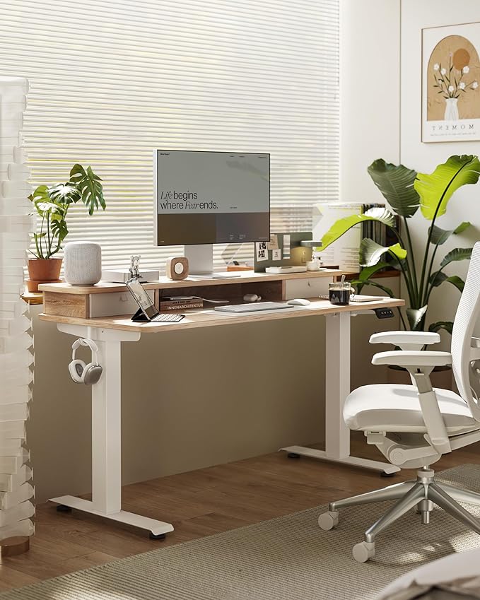 FEZIBO 60 x 24 Inch Height Adjustable Electric Standing Desk with Double Drawer, Stand up Home Office Computer Desk with 4 Height-Adjustable Feets & 2 Hooks, Maple