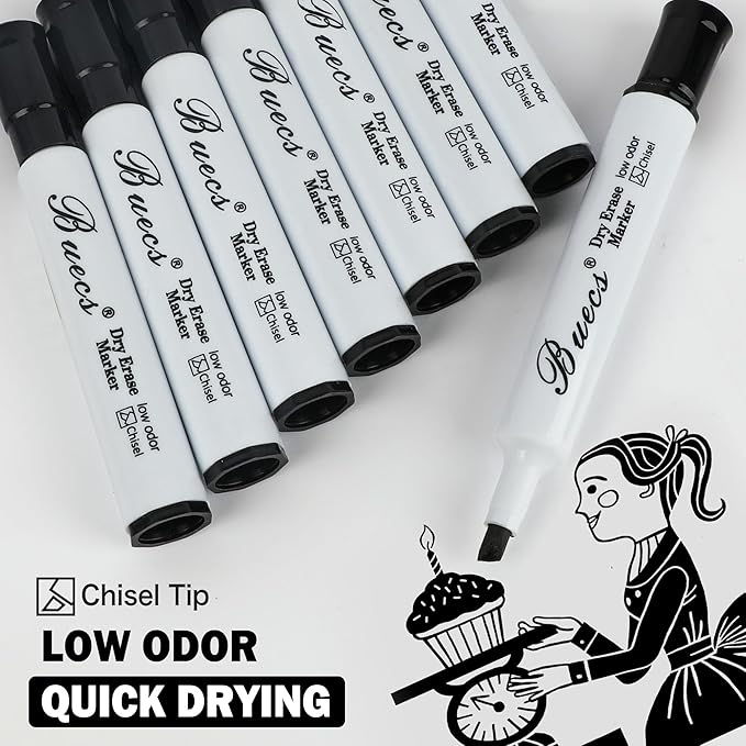 Buecs Black Dry Erase Markers, Low-Odor, 80 Count, Chisel tip, Perfect for Writing on Whiteboards, Dry-Erase Boards, Glass, School Office Supplies