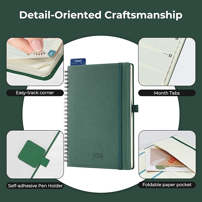 IN-LUXPRO Planner 2026 Daily Weekly and Monthly,8.5"x6.5",12 Months Spiral Bound Calendar Agenda with Self-adhesive Pen Holder,2026 Appointment Book with Vegan Leather Soft Cover,Green