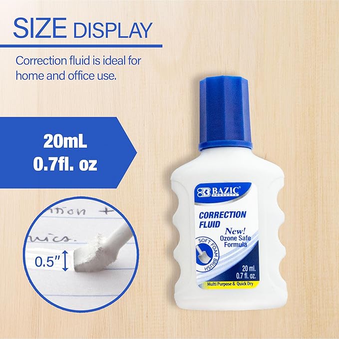 BAZIC Products Correction Fluid (0.7oz/20 ml), Foam Brush Applicator, Corrections Pen, White Out Liquid, Total 576-Count