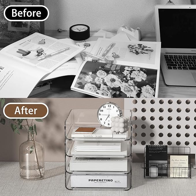 FANXIYQ 4-Tier Acrylic Paper Tray Organizer | Clear Stackable Desk Organizer for Documents, Letters, A4 Paper | Modern Office/Classroom/Home Organization