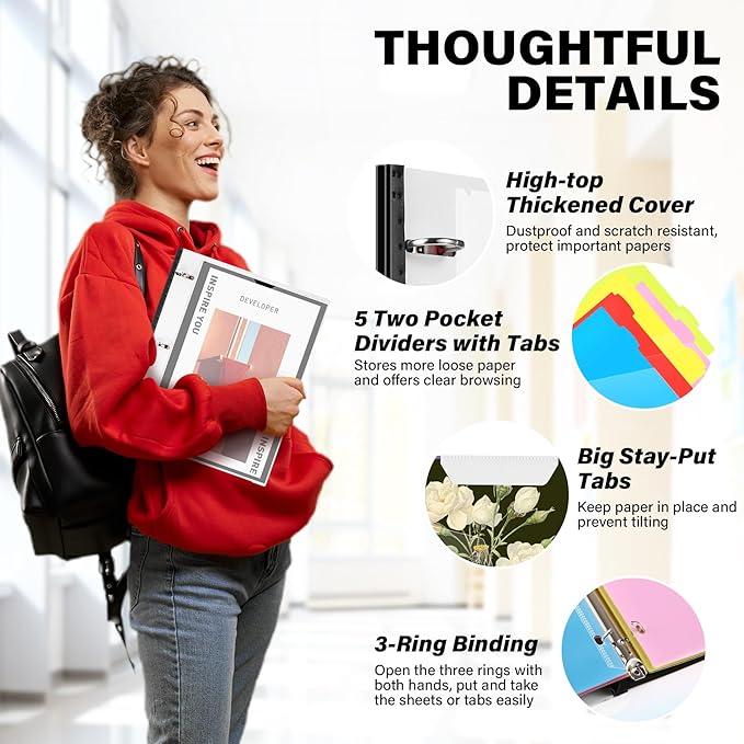 WOT I Telescoping Project Organizer, Refillable 3 Ring Binder with Dividers and Pockets, 13 Pocket Folders, 1 Inch 3 Rings, White