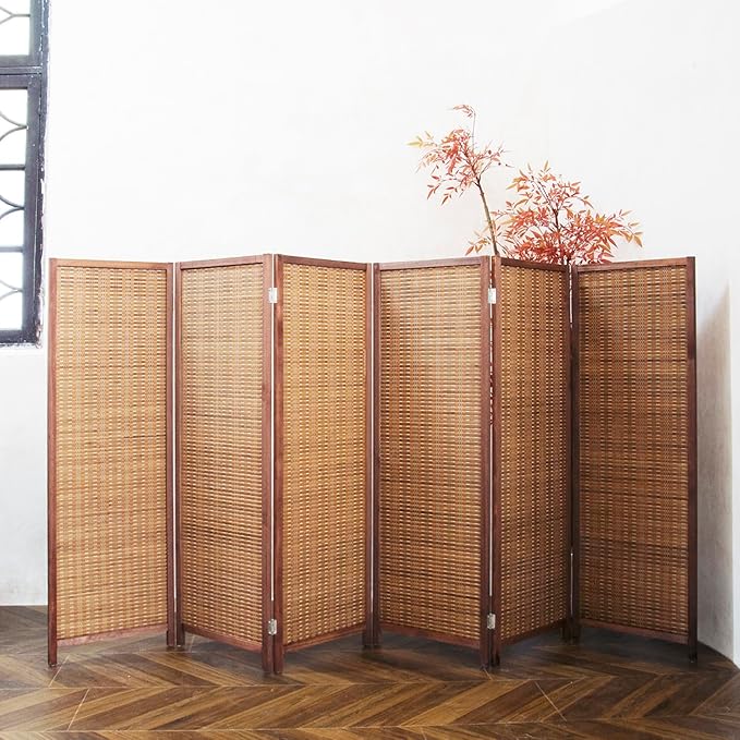 Furnnylane 6 Panel Short Room Divider Screen,Brown Freestanding Partition,Small Bamboo Panel Divider for Room Seperation,3.95 FT Tall
