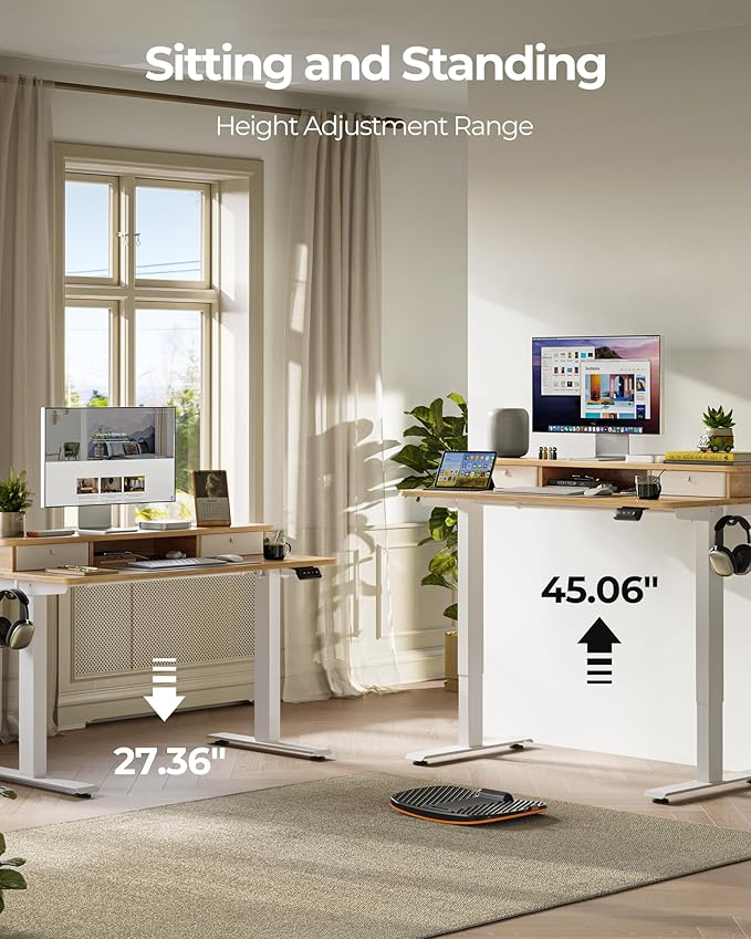 FEZIBO 40 x 24 Inch Height Adjustable Electric Standing Desk with Double Drawer, Stand up Home Office Computer Desk with 4 Height-Adjustable Feets & 2 Hooks, Maple
