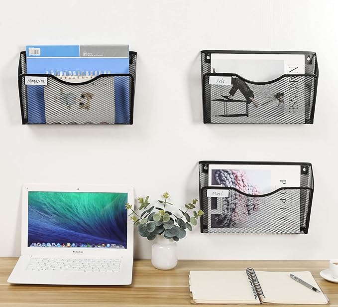 EasyPAG 3 Pack Wall File Organizer with Label Panel, Mesh Hanging File Folder Organizer for Letter/A4 Size Folders, Wall Mounted Vertical Mail Holder for Paperwork, Office, Home, School, Black