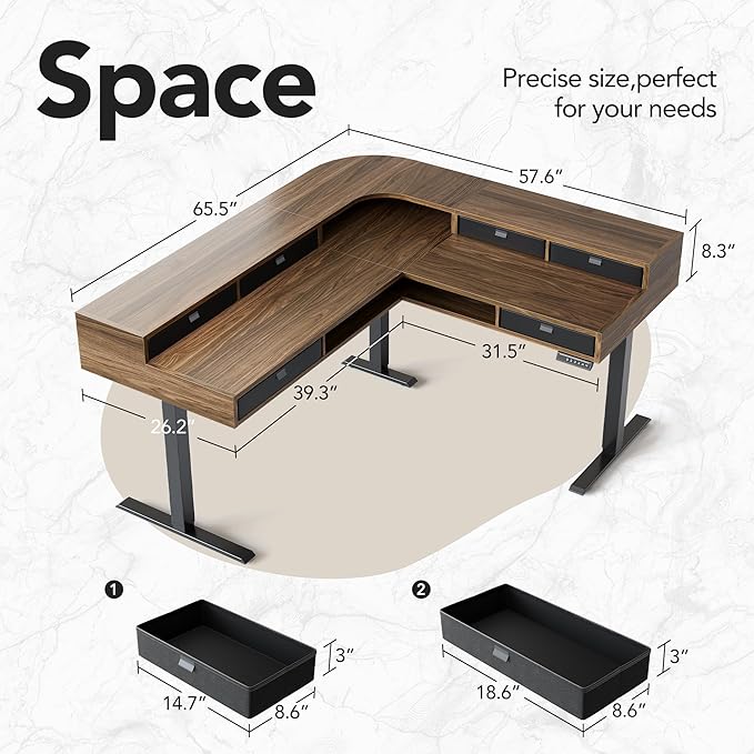 HUANUO 65.5" × 57.6" Electric L Shaped Standing Desk with 6 Storage Drawers, 2-Tier Corner Sit Stand Desk with Power Strip Tray & Cable Grommets, Height Adjustable Computer Gaming Table, Walnut