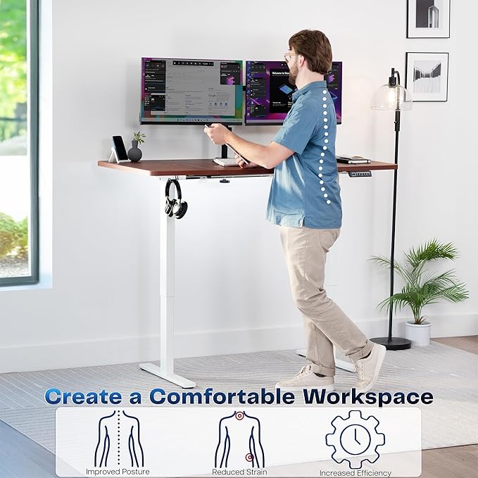 VIVO Electric 60 x 30 in Standing Desk, Memory Height Adjustment, 1B Series, Holds 220 lbs, Dark Walnut Top White Frame, DESK-KIT-1W6D-30