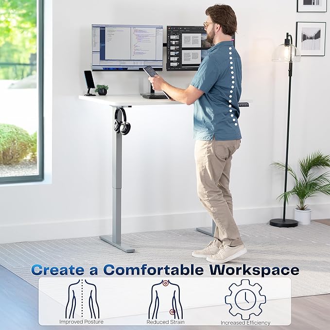 VIVO Electric 48 x 30 in Standing Desk, Memory Height Adjustment, 1B Series, Holds 220 lbs, One-Piece White Top, Gray Frame, DESK-KIT-1G5W