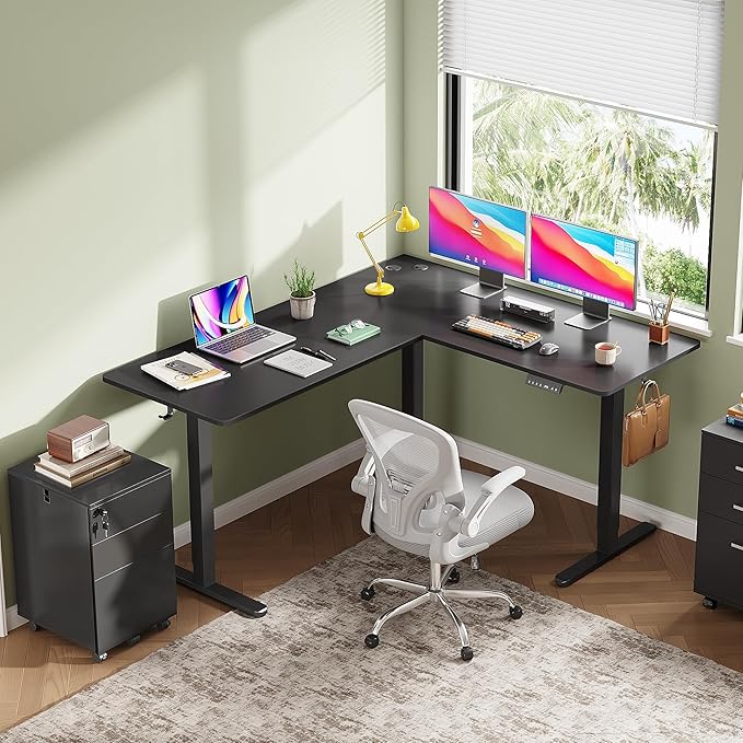 DEVAISE L Shaped Standing Desk Adjustable Height, Dual Motor Electric Corner Standing Desk, 63x55 inch Sit Stand up Home Office Desk with Splice Board, Black