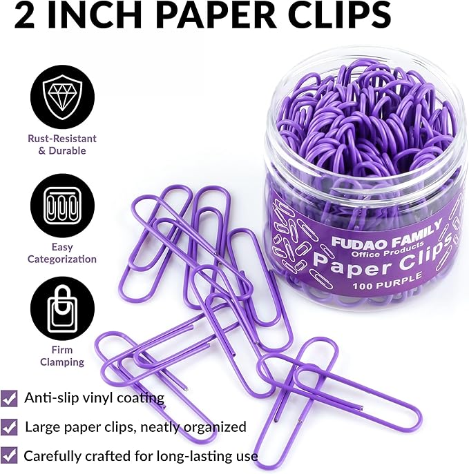 Jumbo Paper Clips, 2 Inch Large Paper Clip, 100 pcs Paperclips (Jumbo, Purple)
