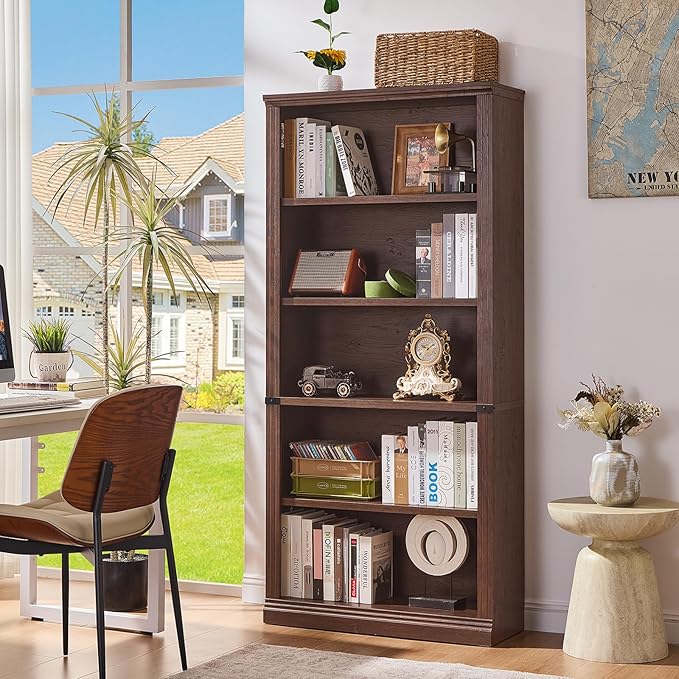 RWYHG 70" Walnut Tall Bookshelf,5-Tier Thick Wooden Book Shelf with Adjustable Shelves,Free Standing Farmhouse Bookcase with Open Display Storage,Floor Vintage Bookshelves for Living Room,Office