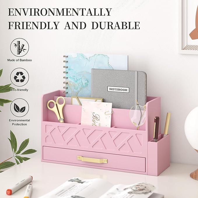 Wisuse Bamboo Desk Mail Organizer with Drawer,Wooden File Bill Sorter Storage Box for Desktop, Letter Countertop Holder for Home,Office,School Organization,Tabletop Accessories Supplies (Pink)