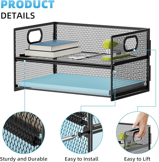 Marbrasse 2 Tier Paper Organizer Letter Tray, Mesh File Organizer with Handle, Paper Sorter Desk Organizer for Home Office Supplies - Black