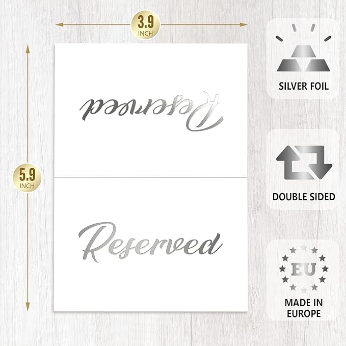 10 Pack Silver Reserved Table Signs for Wedding 3x4 Cardstock Reserved Seating Signs Double Sided Table Tent Reservation Card for Restaurant Receptions Celebrations Party - White with Silver Letters