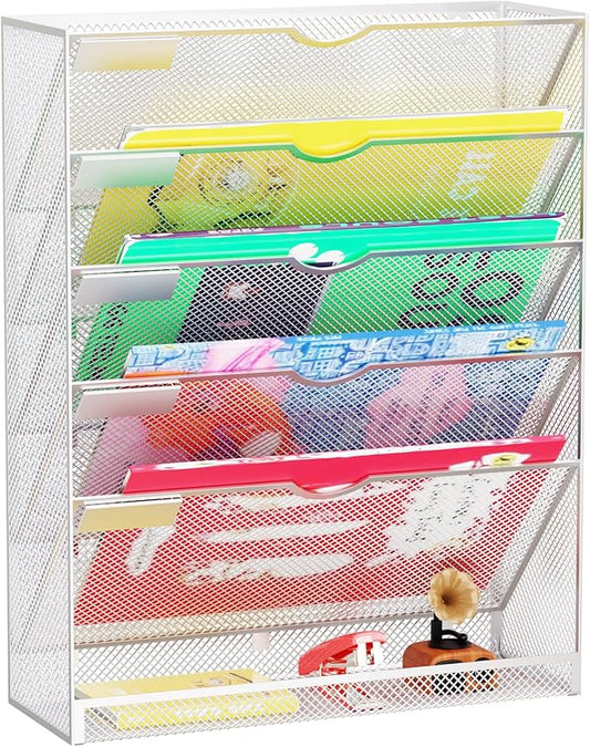 GDINDINFAN Hanging Wall File Organizer 6 Tier Wall Mounted File Holder Document Wall Organizer Magazine Organization for Office Home, Silver