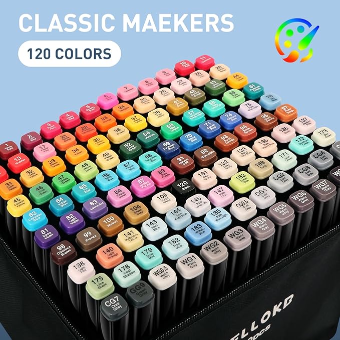 WELLOKB Alcohol Markers Set, 120 colors Alcohol Based Dual Tip, Broad and Fine Tip for Adult Coloring Books, Drawing, Sketching