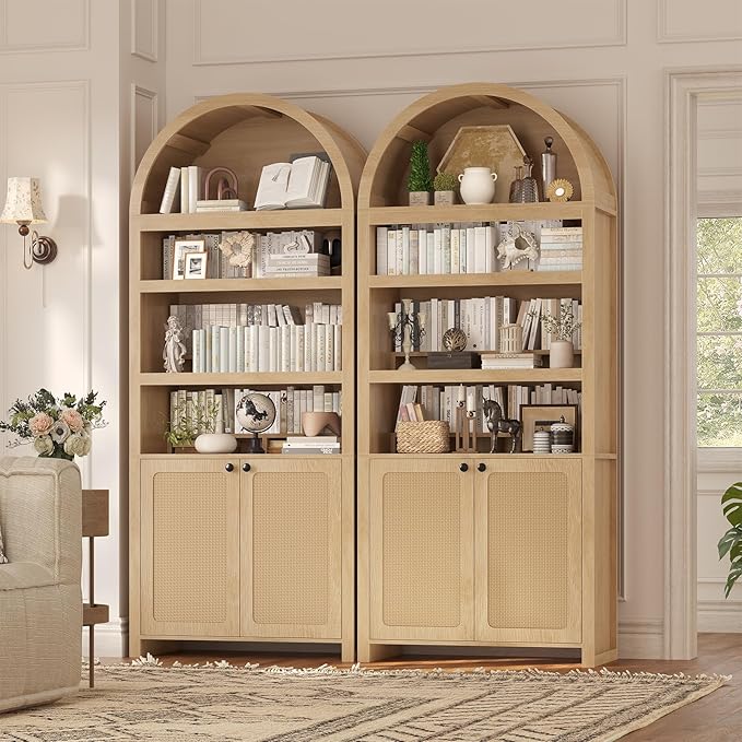 81" Tall Arched Cabinets,Bookcase with storage,Mid-Century Modern 6-Tier Bookshelf with Door,2 Book Risers and Adjustable Shelves offering more storage space for Living Room,Kitchen,Home Office,Oak