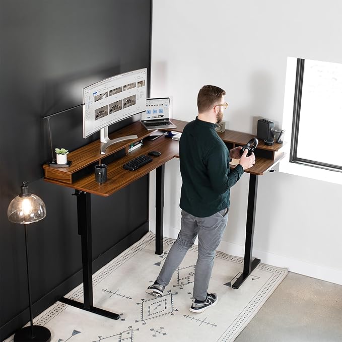 VIVO Electric 2-Tier Corner L-Shaped 63 x 55 inch Standing Desk, Height Adjustable, Memory Controller, Dark Walnut Top Black Frame, Black Drawers, DESK-E3CVD