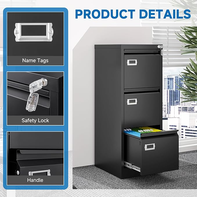 BYNSOE 3 Drawer File Cabinet with Lock Metal Vertical File Cabinet Office Home Narrow File Cabinet for A4 Legal/Letter Size,Assembly Required (Black, 3 Drawers-Vertical)