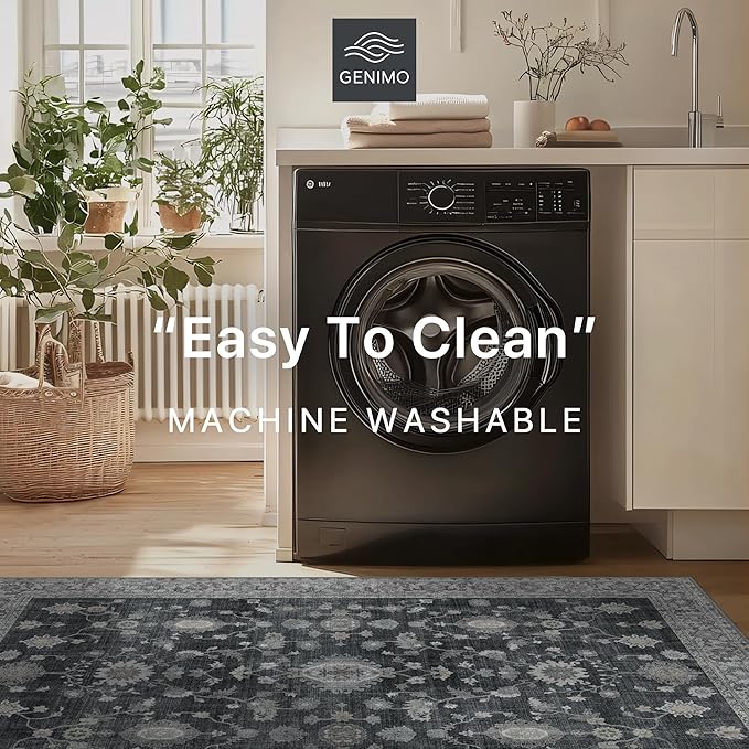 GENIMO Machine Washable 9x12 Area Rugs for Living Room, Non Slip Vintage Rugs, Low Pile Lightweight Chenille Print Rug for Bedroom, Dining Room, Home Office, Charcoal