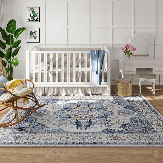 Rugcomf Vintage Medallion 3'x5' Washable Rug - Non-Slip Low Pile Area Rug, Small Boho Carpet for Bedroom, Bedside, Kitchen, Entryway, Kids/Girls Room, Office - Blue