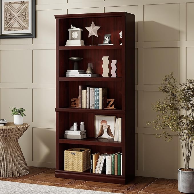 Bevfint Bookshelf, Open Storage 70 Inch Tall 5 Shelf Bookcase, Floor Standing Bookshelves and Bookcases, Book case for Farmhouse Library Office Bedroom Kids, Mahogany - 5 Tier