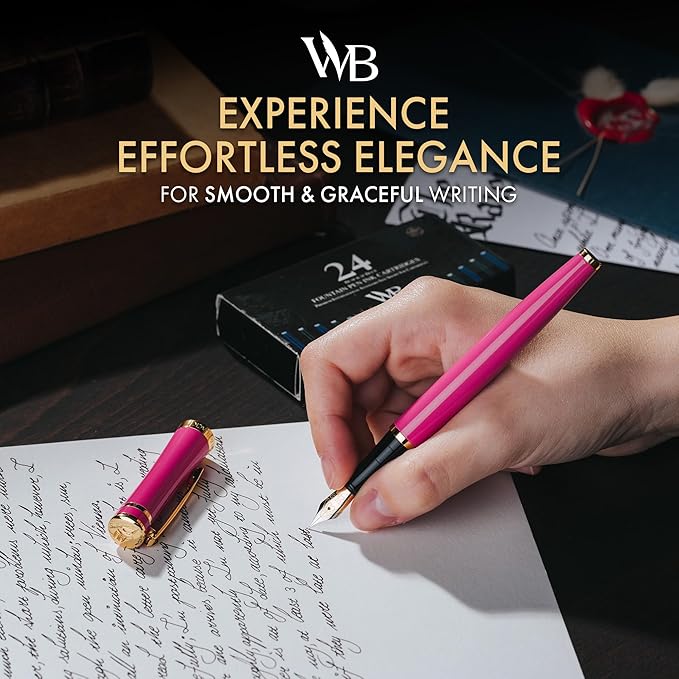 Wordsworth & Black Fountain Pen Set, Medium Nib, Includes 24 Ink Cartridges and Ink Refill Converter, Gift Case, Journaling, Calligraphy, Smooth Writing Pens [Hot Pink], Perfect for Men and Women