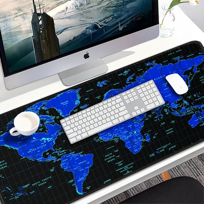 Gaming Mouse Pad, 31.5x15.7 inch Large Extended Computer Keyboard Mouse Mat, Water Resist Non-Slip Mousepad Rubber Base Long XXL Desk Mouse Pad for Work & Gaming, Office & Home, Blue Map