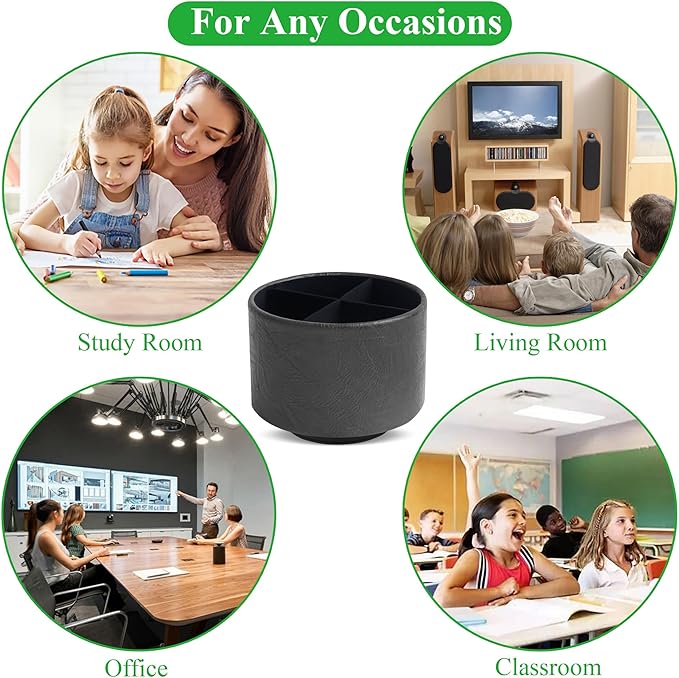 Hennaja Round Leather Art Supply Organizer,Remote Control Holder,360 Degree Spinning,Multi-Functional Pencil Holder,4 Compartments Desktop Stationary Organizer(1-Crazy Black)